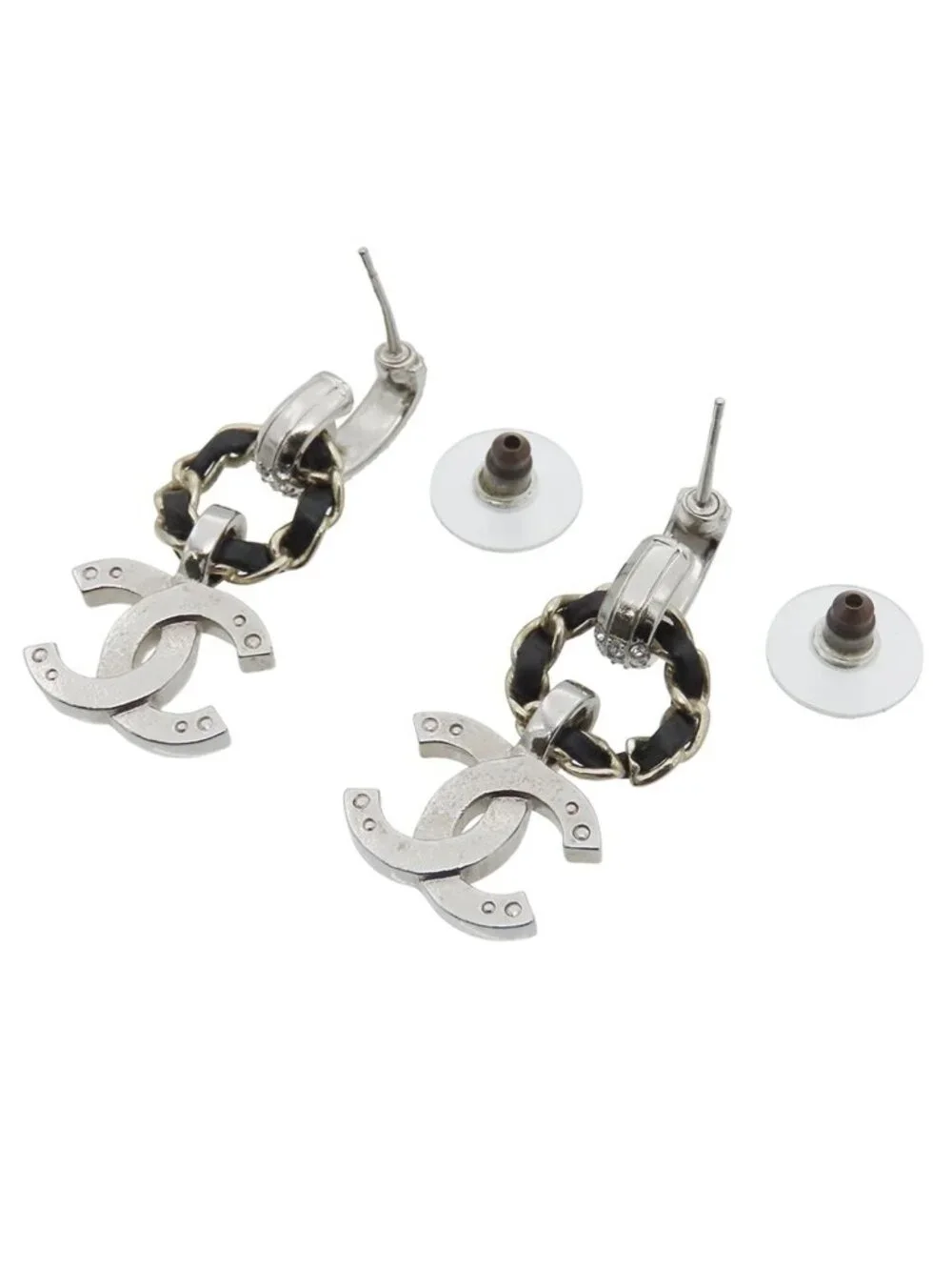 Chanel Earrings Silver Gold Metal Leather Rhinestone CC Logo Costume